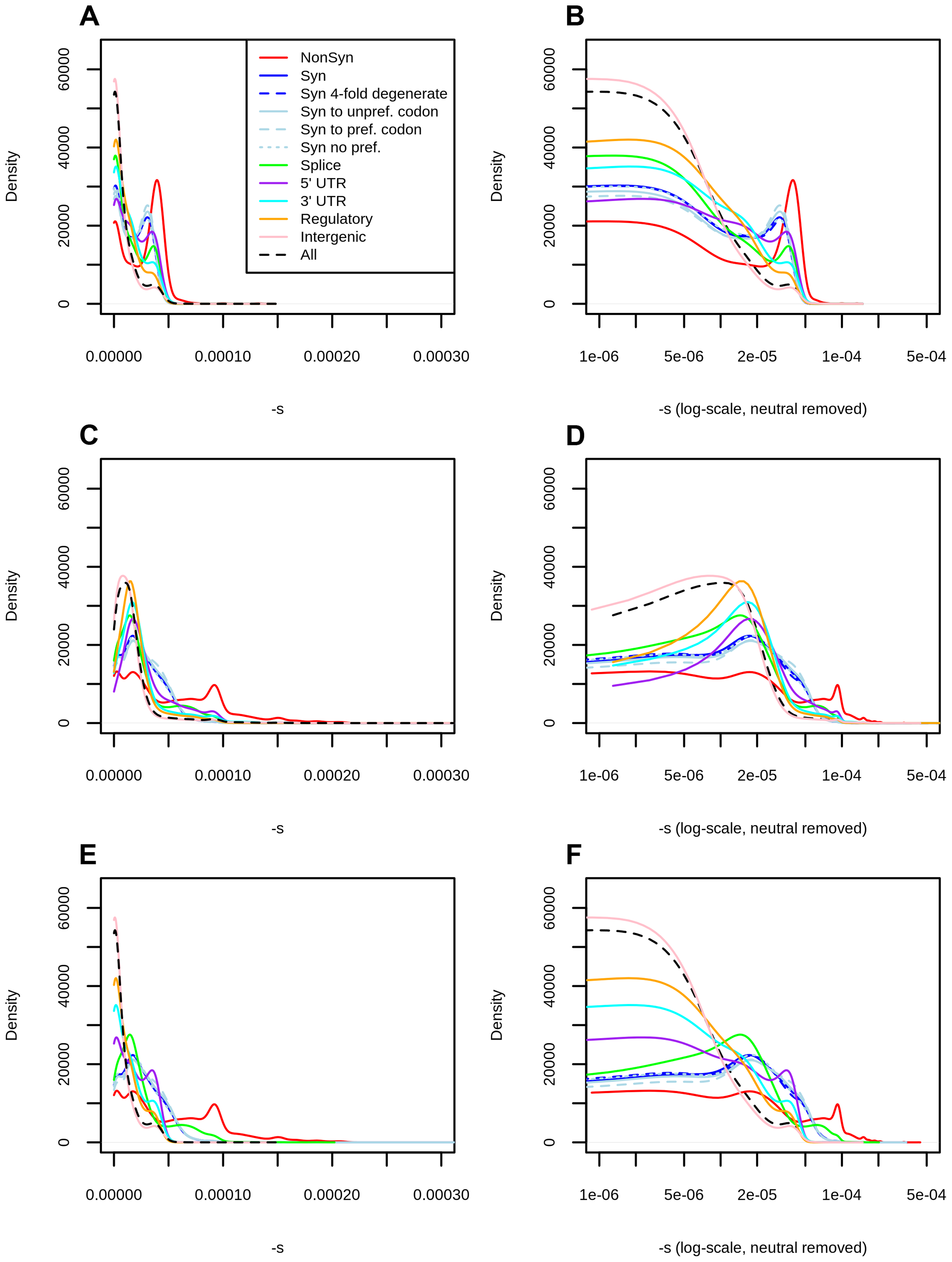 Distribution of fitness effects among YRI polymorphisms in the Complete Genomics dataset, partitioned by the genomic consequence of the mutated site. The right panels show a zoomed-in version of the distributions in the left panels, after removing neutral polymorphisms and log-scaling the x-axis. A) DFE obtained from the genome-wide mapping. B) Zoomed-in version of panel A. C) DFE obtained from the exome-wide mapping. D) Zoomed-in version of panel C. E) DFEs for exonic sites (nonsynonymous, synonymous, splice sites) obtained from the exome-wide mapping and DFEs for non-exonic sites (intergenic, UTR, regulatory) obtained from the genome-wide mapping. F) Zoomed-in version of panel E. Consequences were determined using the Ensembl Variant Effect Predictor (v.2.5). Codon and degeneracy information was obtained from snpEff. If more than one consequence existed for a given SNP, that SNP was assigned to the most severe of the predicted categories, following the VEP's hierarchy of consequences. NonSyn = nonsynonymous. Syn = synonymous. Syn to unpref. codon = synonymous change from a preferred to an unpreferred codon. Syn to pref. codon = synonymous change from an unpreferred to a preferred codon. Syn no pref. = synonymous change from an unpreferred codon to a codon that is also unpreferred. Splice = splice site. Figure and caption from [Racimo and Schraiber (2014)](https://doi.org/10.1371/journal.pgen.1004697). https://doi.org/10.1371/journal.pgen.1004697.g002